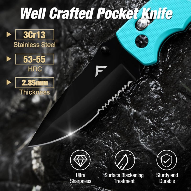 FLISSA Folding Pocket Knife with Clip, Glass Breaker and Seatbelt Cutter, Survival Knife for Emergency Rescue Situations, EDC Knife for Tactical, Hunting, Camping, Outdoor, Unique Gifts for Dad, Father-Blue - Image 4